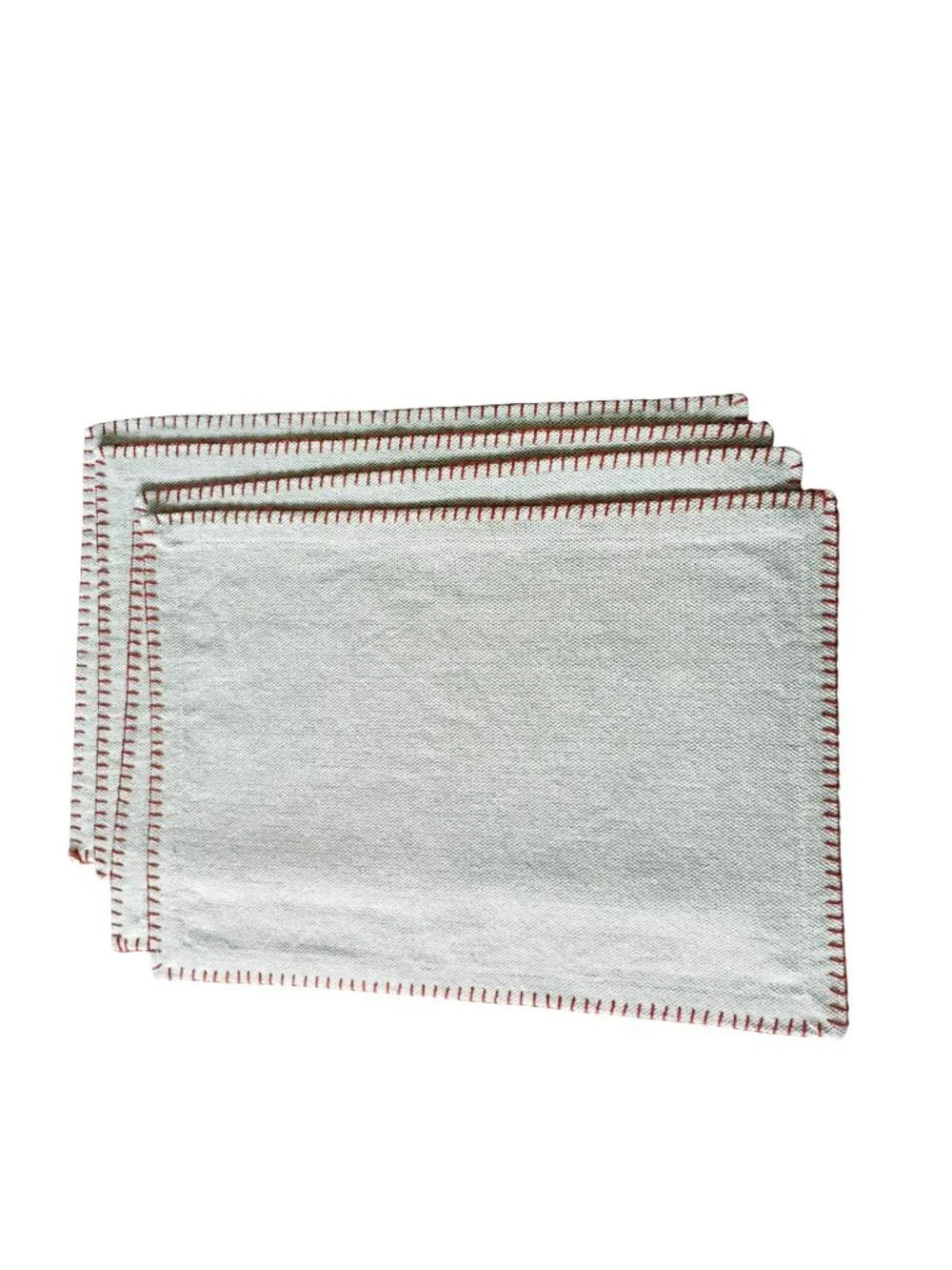 Vintage Hand-Stitched Cotton Placemats With Red Embroidery Edging, Set Of 4